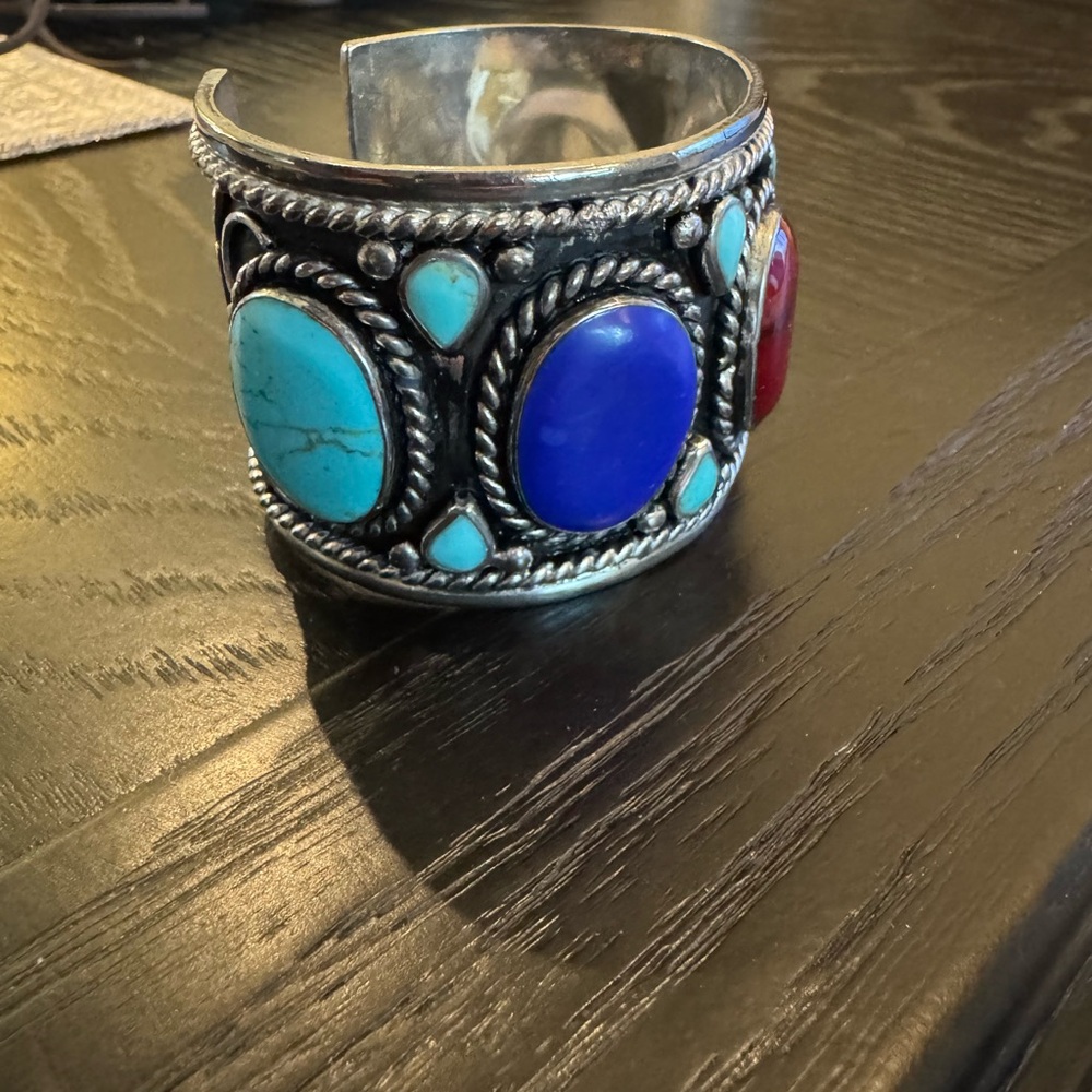 Vtg Handcrafted Multistone Silver Cuff Bracelet - Turquoise, Coral, Lapiz - Picture 3 of 6